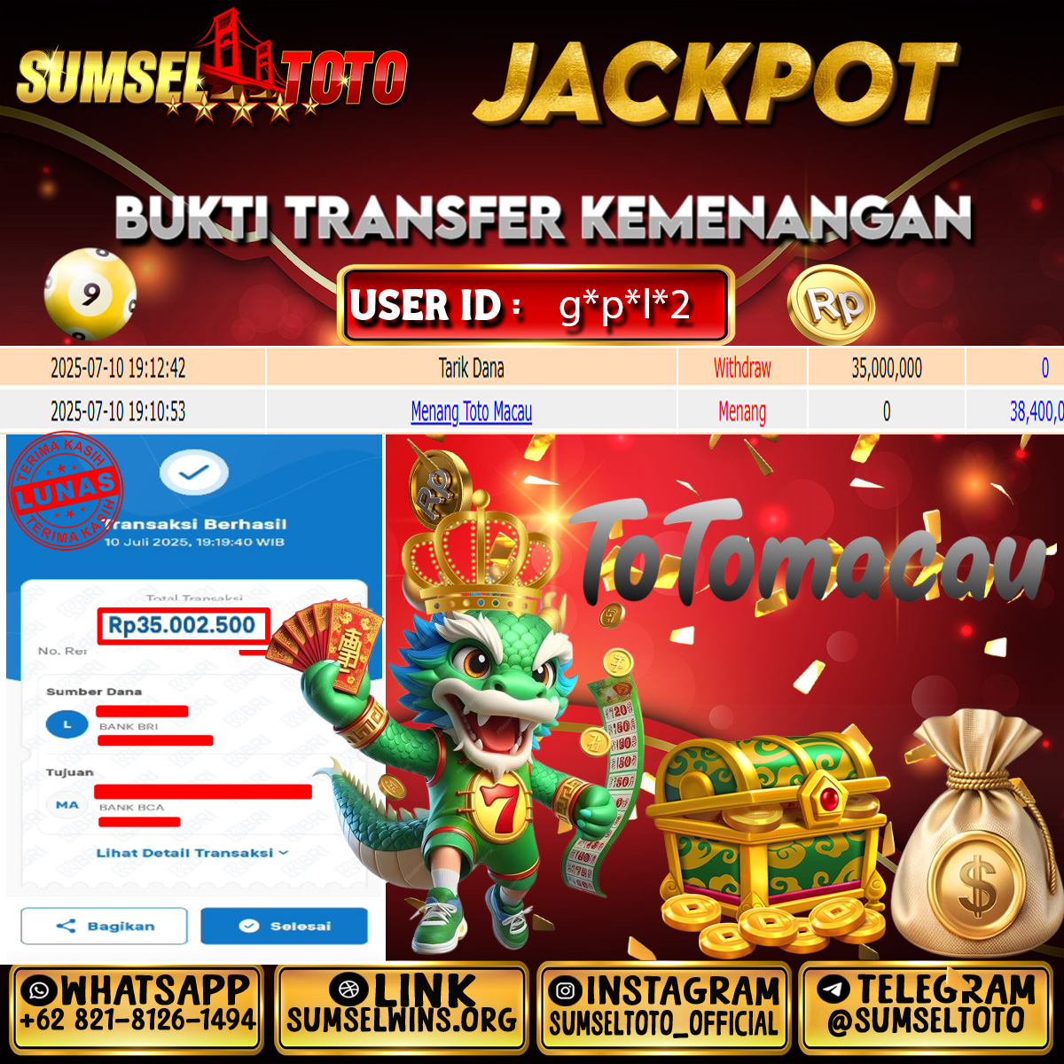 SUMSELTOTO JACKPOT TOGEL TOTO MACAU Rp.35,000,000.,- LUNAS